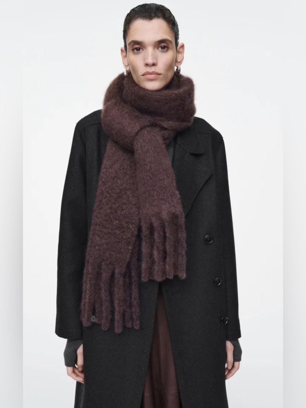 COS mohair wool fringed brushed scarf burgundy deep plum chunky oversized fuzzy